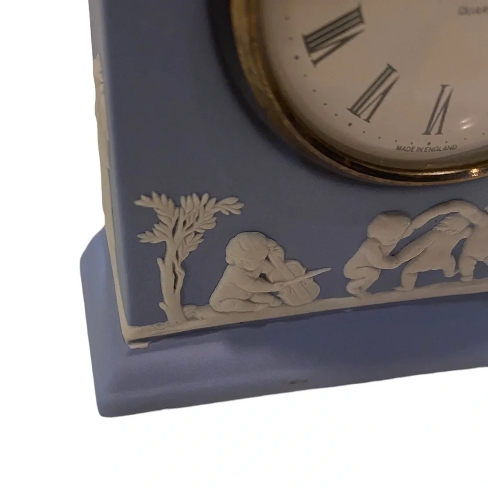 Wedgwood Portland Blue Jasperware Dome Mantel Clock with Cherubs Roman Numerals